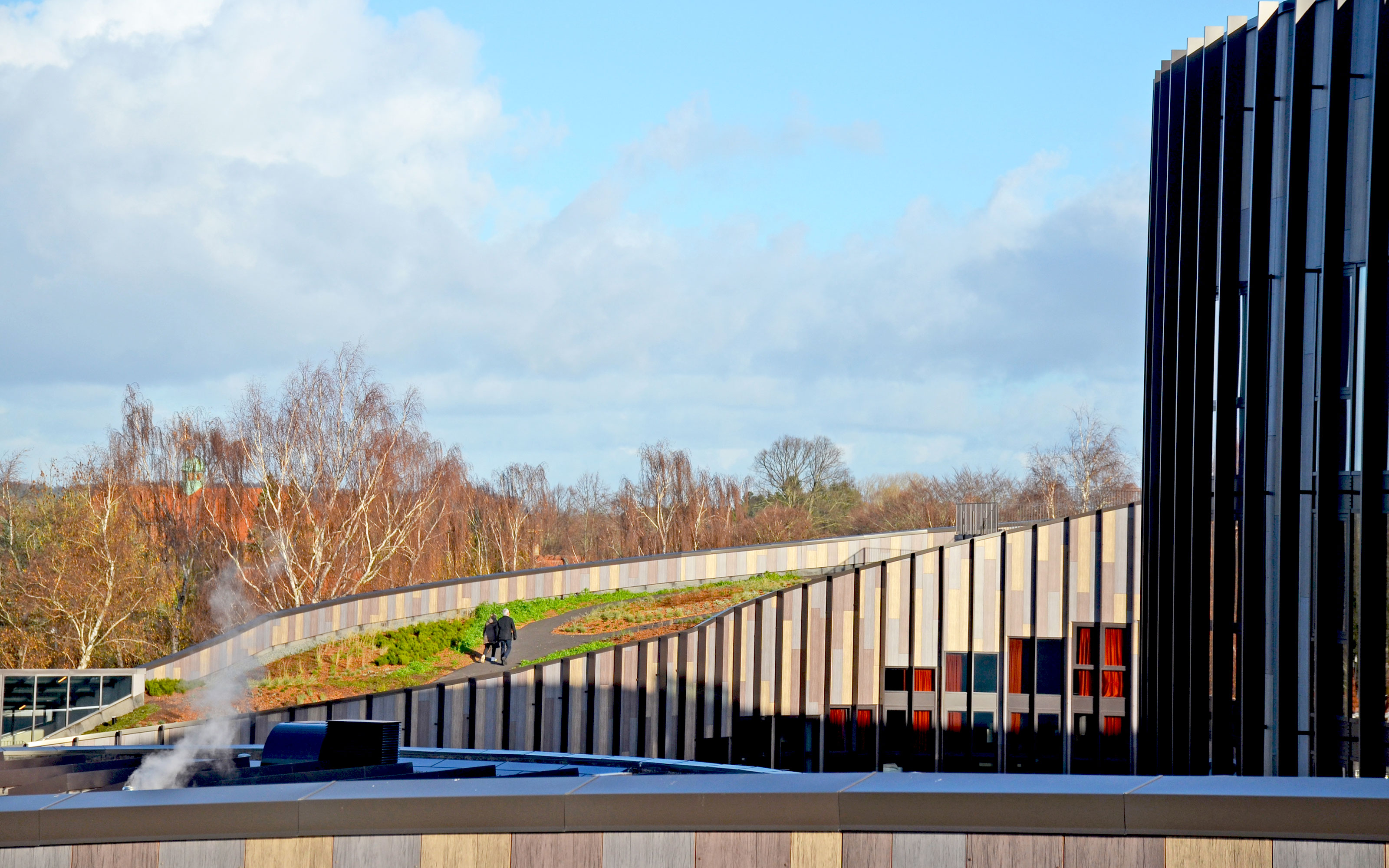 The roof of the organically shaped building is publicly accessible.  People walking on a pitched green roof
